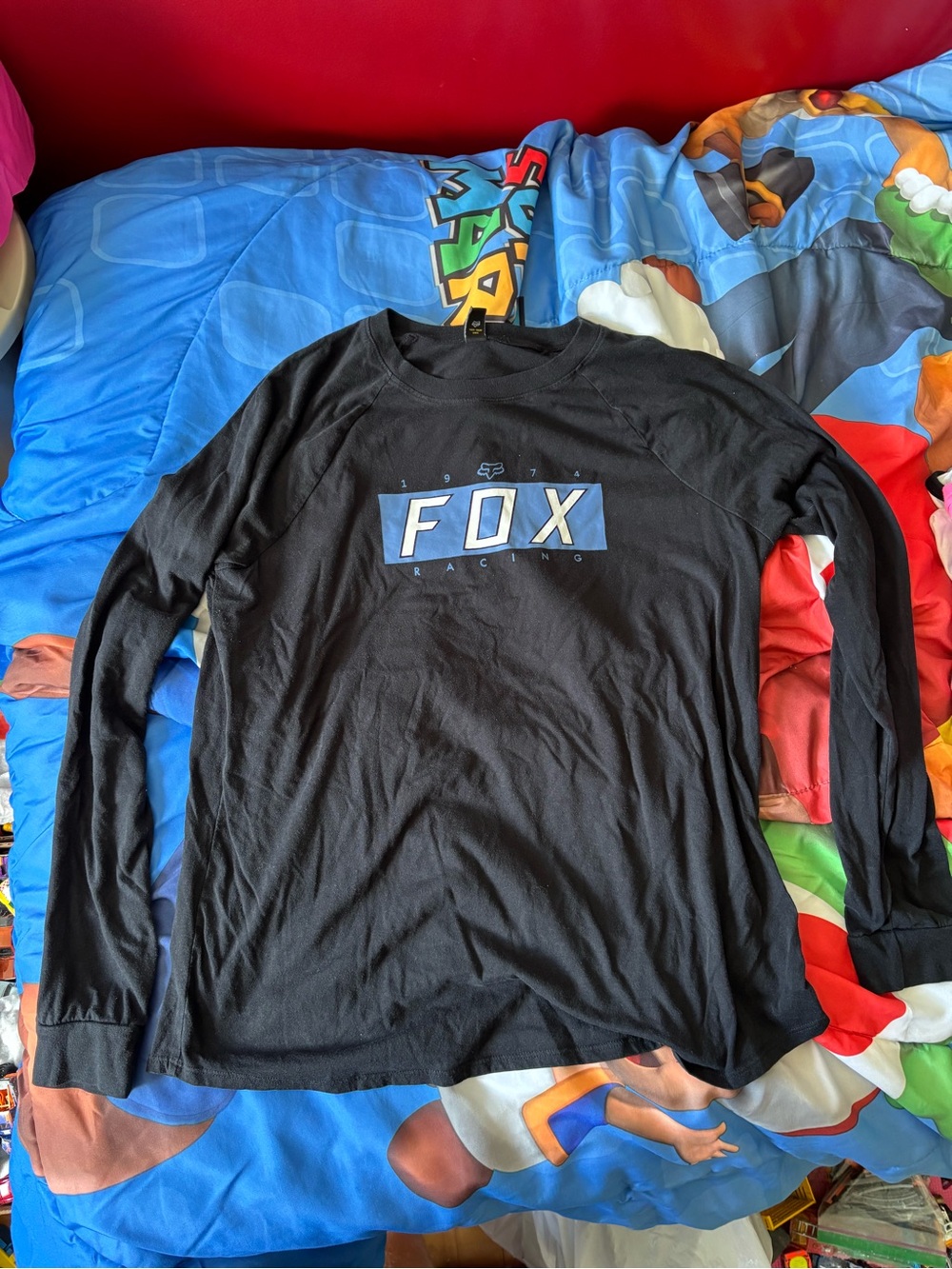 Fox Black Long Sleeve Racing Logo Tee with Blue Accent